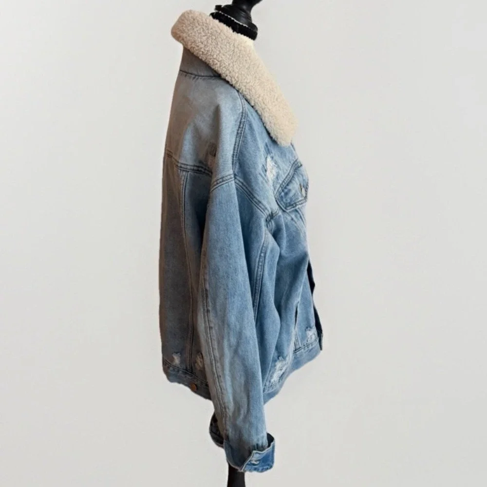 Free People Sherpa Denim Jacket Plaid Lined Distressed Boho Medium - Picture 3 of 10